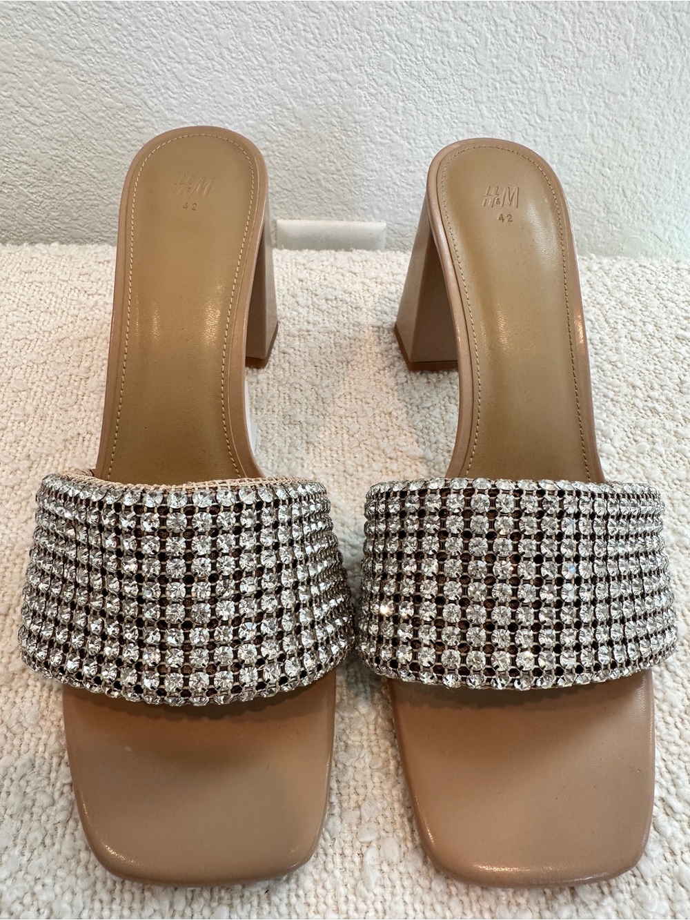 H&M Rhinestone Block Heel Mule Sandals Size 42 US 11 Nude Sparkle - Picture 3 of 4